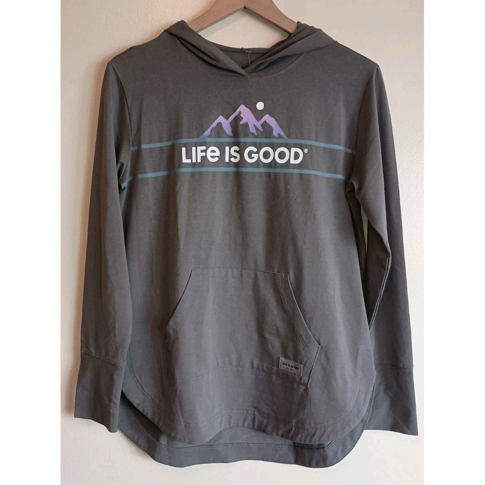Life Is Good Crusher Flex Hoodie Tee Women's Small Gray Mountain Graphic  NWT